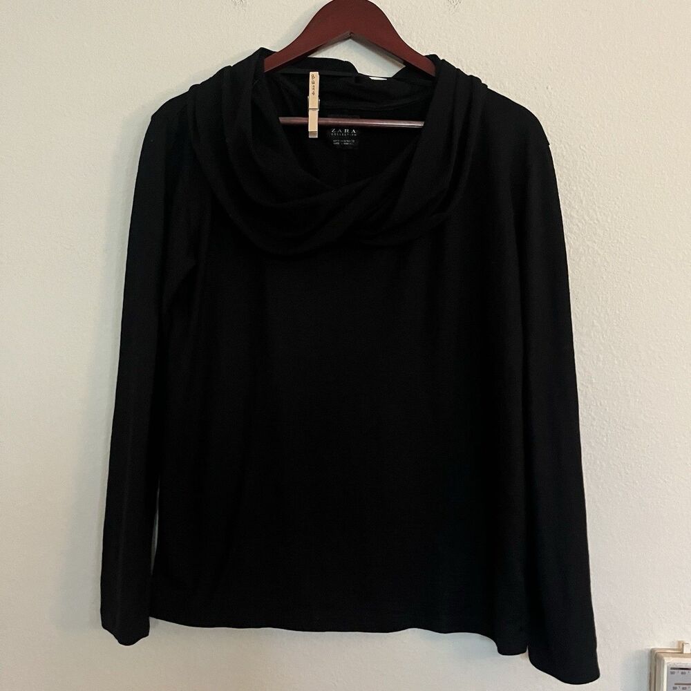Zara Black Cotton Blend Capsule Long Sleeve Draped Cowl Neck Knit Top Shirt SZ M